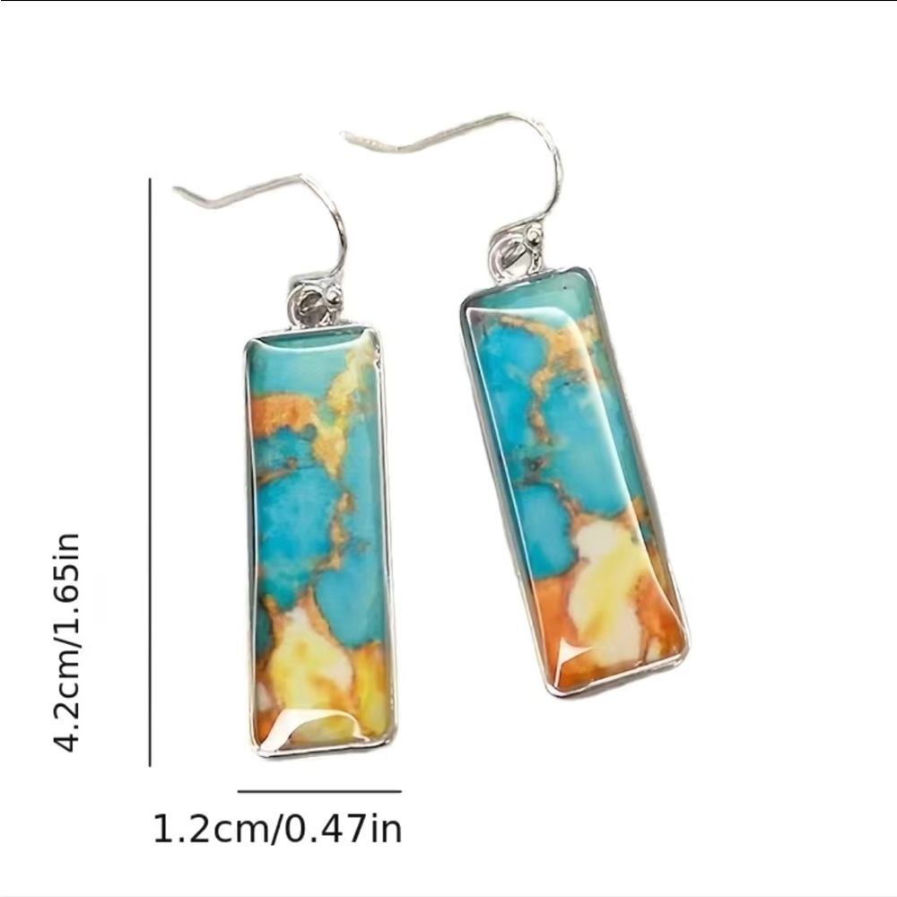 Earrings NIP Silver tone rectangle drop. 1.5”x.5”.  Water color under clear top.